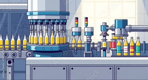 Bottling Machine Filling Bottles with Juice.