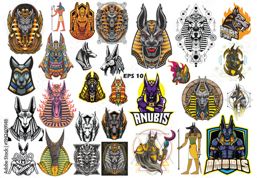 Mega Collection of Anubis Vector Illustrations. Set of Ancient Egyptian Deity Mascots, Sacred Emblems, and Esports Logos