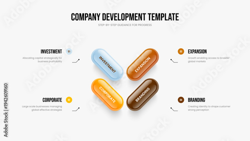 Investor Portfolio 4 Step Diagram Slideshow Template. Financial Proposal Slide Layout Vector Illustration. Business Planning Four Option Infographic Frame Design.