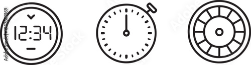 Digital and analog clock icons, stopwatch, and timer symbols in outline