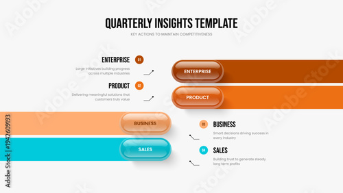 Advertising Planning Slideshow Template Vector Illustration. Sales Innovation Four Step Diagram Presentation Design. Professional Briefing 4 Option Infographic Slide Layout.
