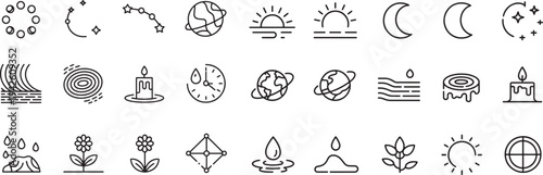 Set of outline icons for astronomy nature elements and celestial bodies