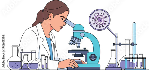 Scientist examines laboratory equipment with microscope and various glassware closely.