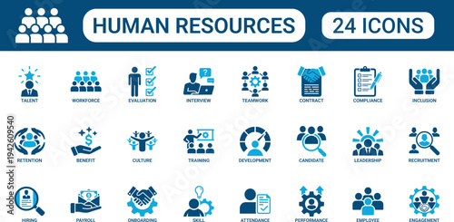 Human Resources Icon Set with Recruitment, Hiring, Interview, Candidate, Workforce, Employee Training, Onboarding and Performance Evaluation Symbols for HR Management and Corporate Team Development