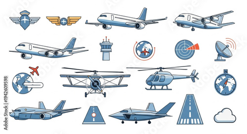 Aviation Icons Set - Planes, Helicopters, and Airport Elements.