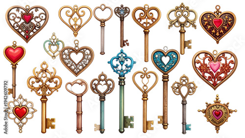 Vintage decorative keys vector set with heart crown star padlock shapes and colorful ornate styles isolated on white background for fantasy and love designs