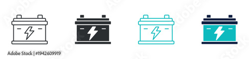 Car battery icon set, automotive battery power energy symbol with lightning bolt, outline and solid and color style. Vector illustration.