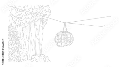 Cable Car Adventure: Line art captures a unique cable car journey through a scenic landscape. It's a tale of travel, adventure, and the marvels of engineering. 
