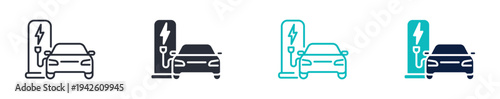 Electric car charging icon set, electric vehicle charging station plug energy transport symbol, outline and solid and color style. Vector illustration.