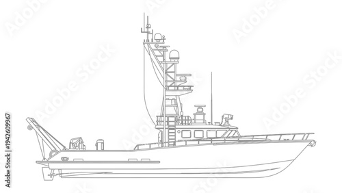 Ship's Hull: An intricately drawn monochrome illustration of a commercial ship showcases its robust hull and intricate machinery, a testament to marine engineering.