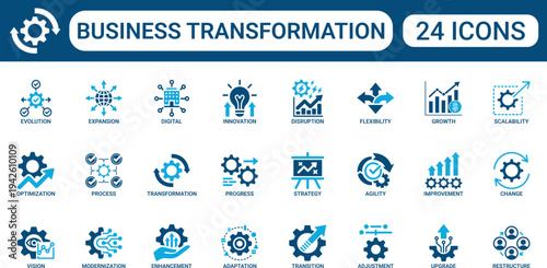 Business Transformation Icon Set with Innovation, Strategy, Digital Evolution, Process Optimization, Growth, Change Management and Agility Symbols in Dual Color Style for Corporate Development