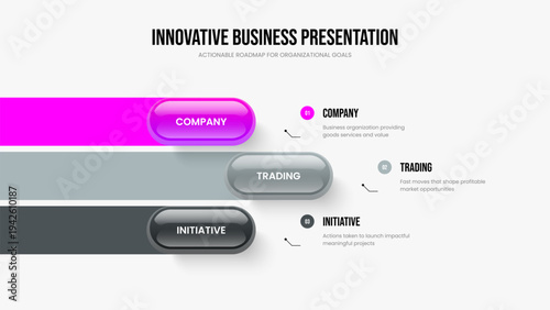 Service Analysis Slide Design Vector Illustration. Consulting Launch Three Element Diagram Presentation Template. Modern Proposal 3 Step Infographic Frame Layout.