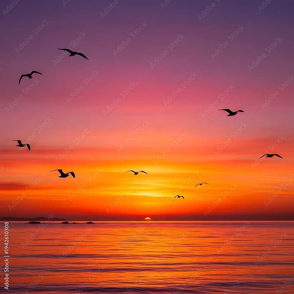 Fototapeta premium Sunset over calm ocean with birds.