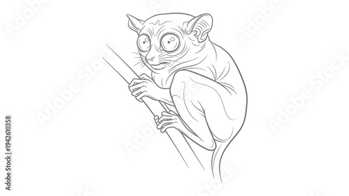 Tarsier in Graphite: A detailed graphite rendering of a tarsier clinging to a branch, capturing the primate's striking eyes and unique features. 