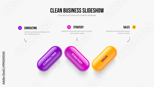 Modern Forecast Three Option Diagram Slide Layout. Investor Proposal Presentation Design Vector Illustration. Corporate Innovation 3 Step Infographic Frame Template.