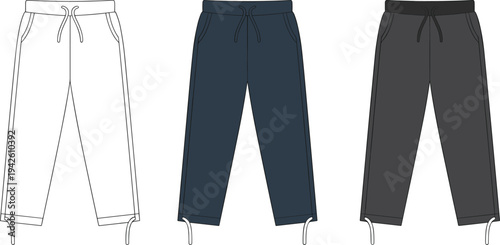Unisex stirrup sweatpants technical fashion drawing template with elastic waistband, drawstrings, and side pockets for apparel design.