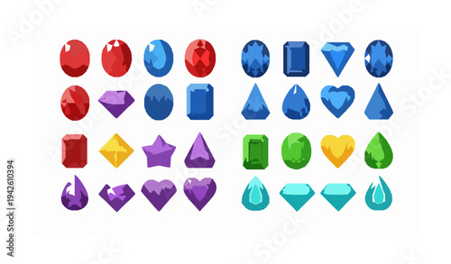 Colorful gemstone collection vector set with multicolored diamonds and precious jewel stones isolated on white