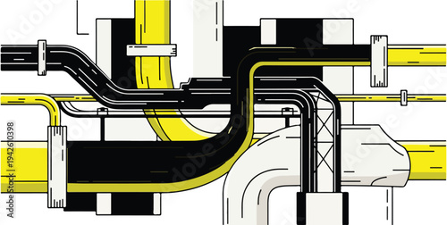 A detailed illustration of industrial pipes and tubes in a complex system