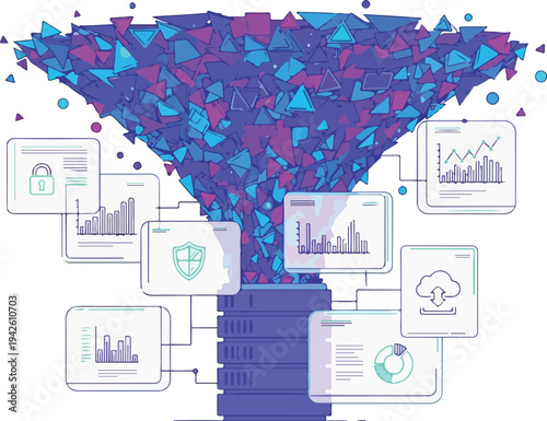 A funnel illustration displays data processing and analysis through various charts and graphs on a screen.