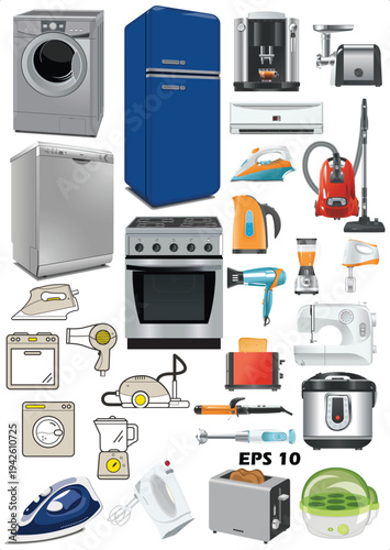 Mega Collection of Home Appliance Vector Illustrations. Set of Kitchen Electronics, Laundry Machines, and Cleaning Equipment Icons