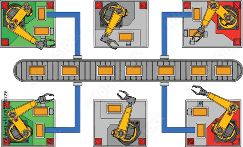 Robotic arms assemble products on a conveyor belt in a factory setting with industrial machinery and equipment.