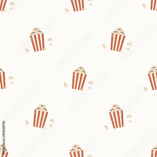 Seamless pattern with popcorn. Vector cartoon illustration. For greeting card, posters, banners, the card, printing on the pack, printing on clothes, fabric, wallpaper.	
