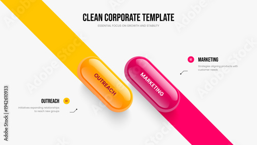 Enterprise Portfolio Frame Layout Vector Illustration. Service Review 2 Element Infographic Presentation Design. Business Campaign Two Option Diagram Slideshow Template.