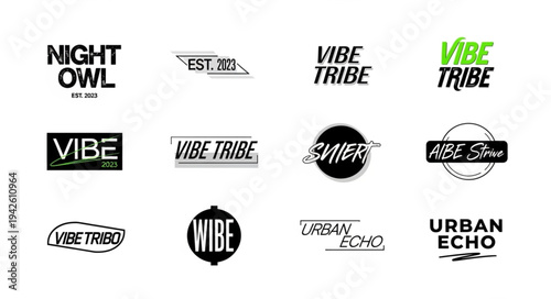 Collection of twelve distinct logo designs featuring various typography styles and circular emblems, ideal for branding and graphic design projects.