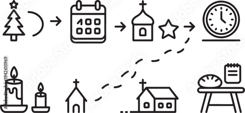 Christmas season journey from tree and calendar to church and festive meal.