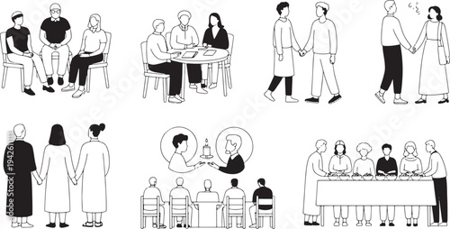 Community interaction people set vector illustration showing social gathering and group activity