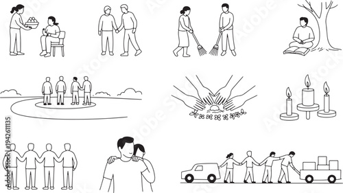 Community service and social interactions line art vector illustrations set for volunteer projects