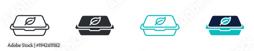 Eco food container icon set, biodegradable takeaway box with leaf sustainability symbol, outline and solid and color style. Vector illustration.