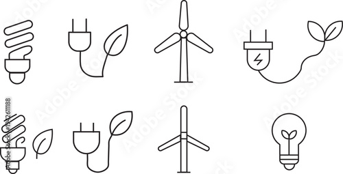 Eco friendly energy icons set including wind turbines and light bulbs