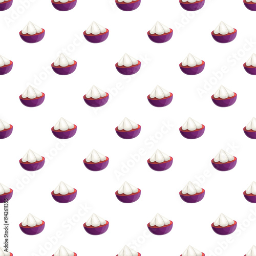 Mangosteen halves showing exotic purple skin and white fleshy pulp forming a repeating pattern