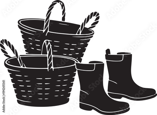 Farmhouse scene with rustic baskets and gardening boots, rural country lifestyle graphic