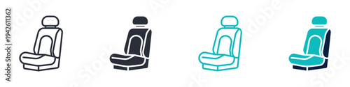Car seat icon set, automobile seat interior comfort transport equipment symbol, outline and solid and color style. Vector illustration.