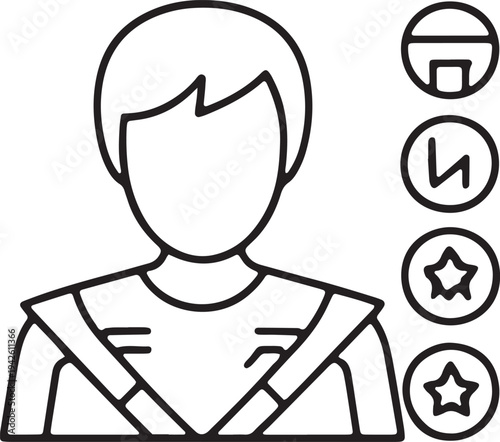 Futuristic person avatar icon with mission badges representing space exploration or science fiction