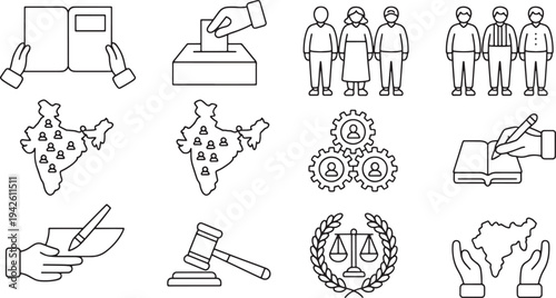 Indian democracy and governance symbols including constitution, voting, population, and justice