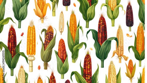 Corn cob and maize plant collection with different corn styles, sweet corn vegetable icons with husk leaves vector set for agriculture and food design