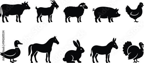 Professional Farm Animals Silhouette Set Featuring Cow, Goat, Sheep, Pig, Chicken, Duck, Horse, Rabbit, Donkey, and Turkey for Agriculture and Educational Design