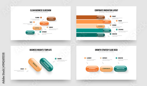Service Solution Four Five Two Three Element Diagram Slide Layout Vector Illustration Set. Corporate Innovation 4 5 2 3 Step Infographic Frame Design Collection.