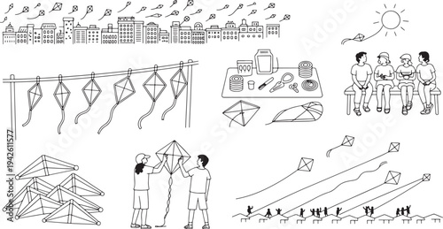 Indian kite festival makar sankranti traditional celebration outline icons set cityscape people flying kites
