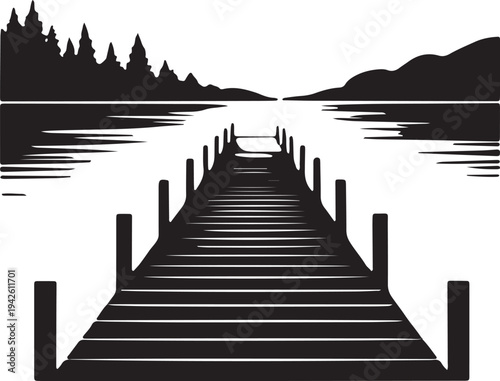 Lakeside view with wooden pier and pine trees, serene natural landscape background