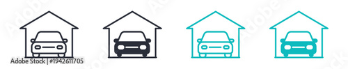 Car garage icon set, automobile parking in house garage storage symbol, outline and solid and color style. Vector illustration.