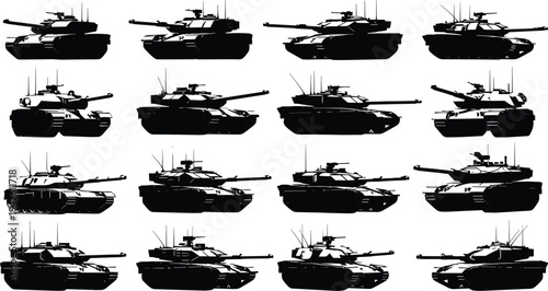 Grid of fifteen different tank silhouettes in side profile view showcasing variations in turret, barrel, and equipment design for military defense and armored warfare illustration