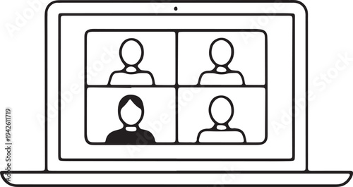 Laptop showing video conference with four participants outline drawing, online meeting concept