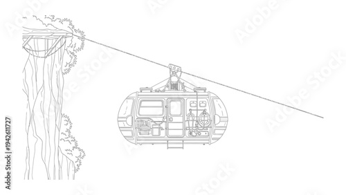 Gondola Lift - Detailed Line Drawing: A precise line art illustration showcases a modern gondola lift cabin suspended from a cable, with a textured cliff face and foliage on the left.