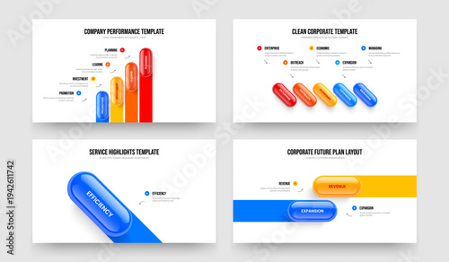 Market Growth 4 5 1 2 Option Infographic Slide Template Bundle. Marketing Analysis Four Five One Two Step Diagram Slideshow Layout Vector Illustration Collection.