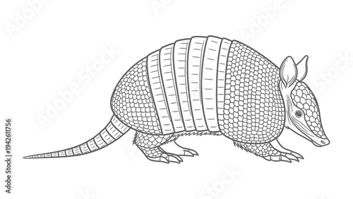Armadillo Illustration: A detailed black and white illustration of an armadillo showcases the unique features of this creature. The design highlights its segmented shell, long snout, and small ears.