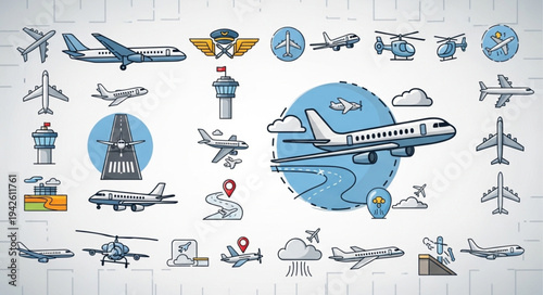 Aviation Icons Set - Diverse Collection of Aircraft and Travel Elements.